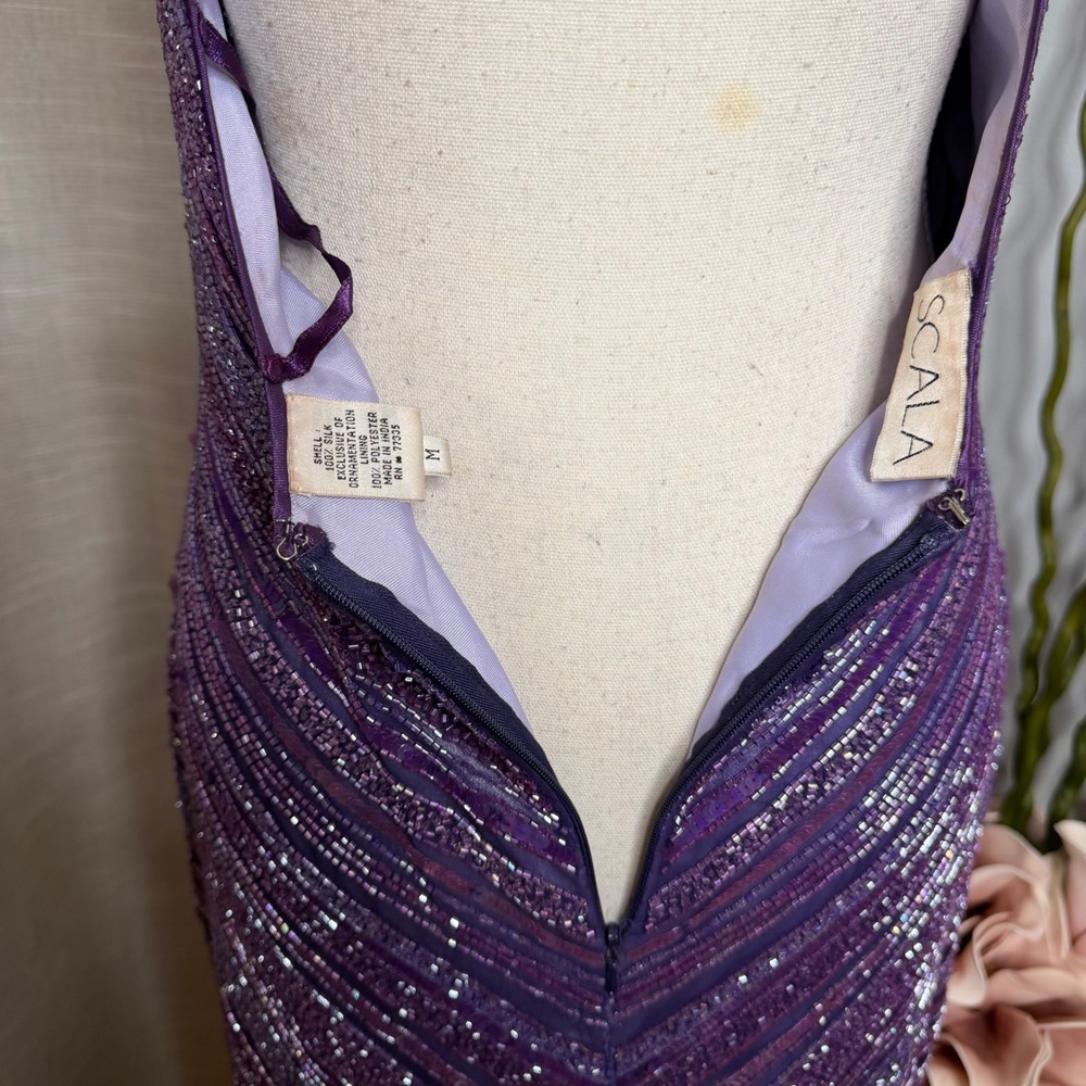 Vintage Y2K Scala Glass Beaded Silk Chevron Maxi Dress Purple Gown Womens Medium - Picture 11 of 15